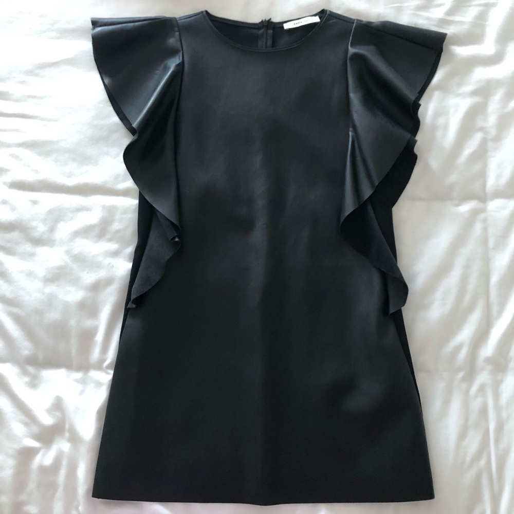 •NWOT✨•Zara Black Faux Leatherette Ruffle Dress